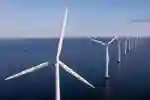 Aerial view of offshore wind turbines at sea