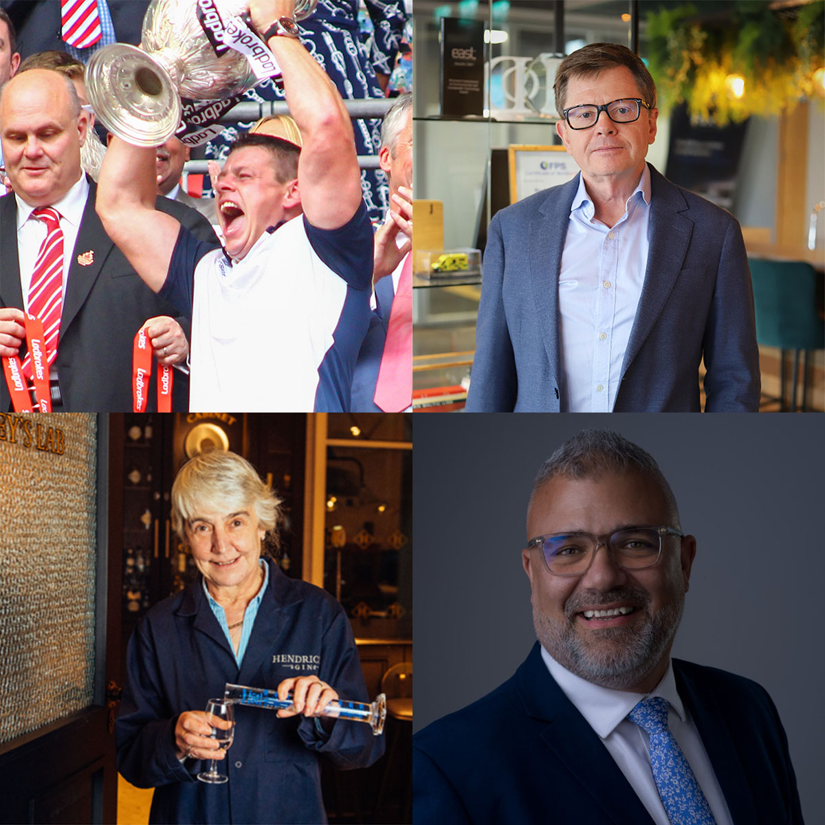 composite of four honorary graduates, clockwise: Lee Radford, Rory Clarke, Yiannis Koursis, Lesley Gracie